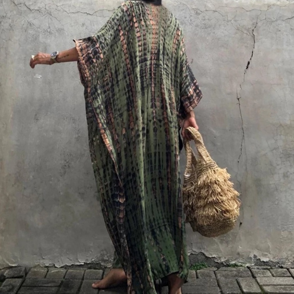 Olive Gray Boho Tie Dye Kaftan Kimono Dress - Picture 3 of 5